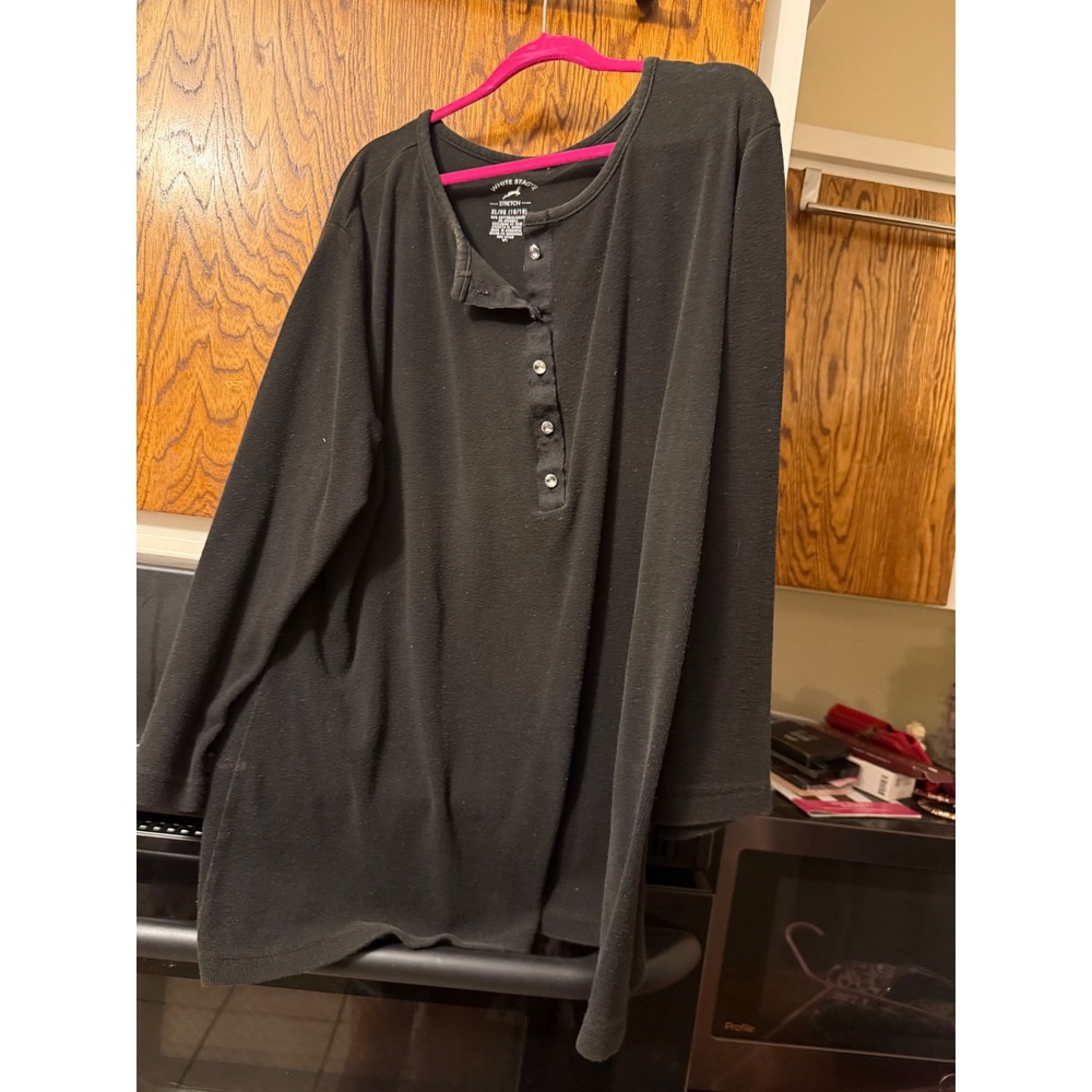 White Stag Womens XL 16/18 Black Henley Long Sleeve Ribbed Stretch Tee Shirt